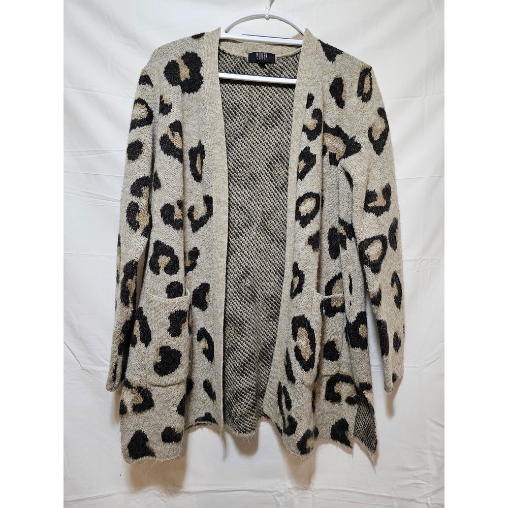 Modern Canvas‎ Leopard Print Cardigan Open Front Pockets Cozy Knit M